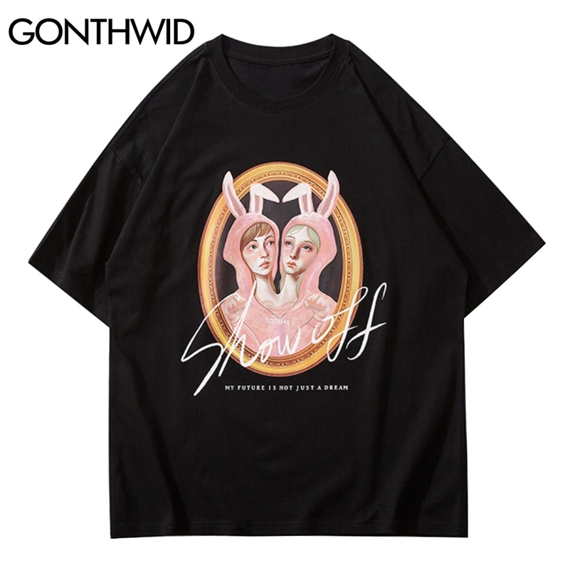 Tees Shirt Hip Hop Harajuku Streetwear Men Cartoon Two Rabbit Girls Print Short Sleeve T-Shirt Cotton Casual Loose Tops 210602, Black
Tees Shirt Hip Hop Harajuku Streetwear Men Cartoon Two Rabbit Girls Print Short Sleeve T-Shirt Cotton Casual Loose Tops 210602, Black
