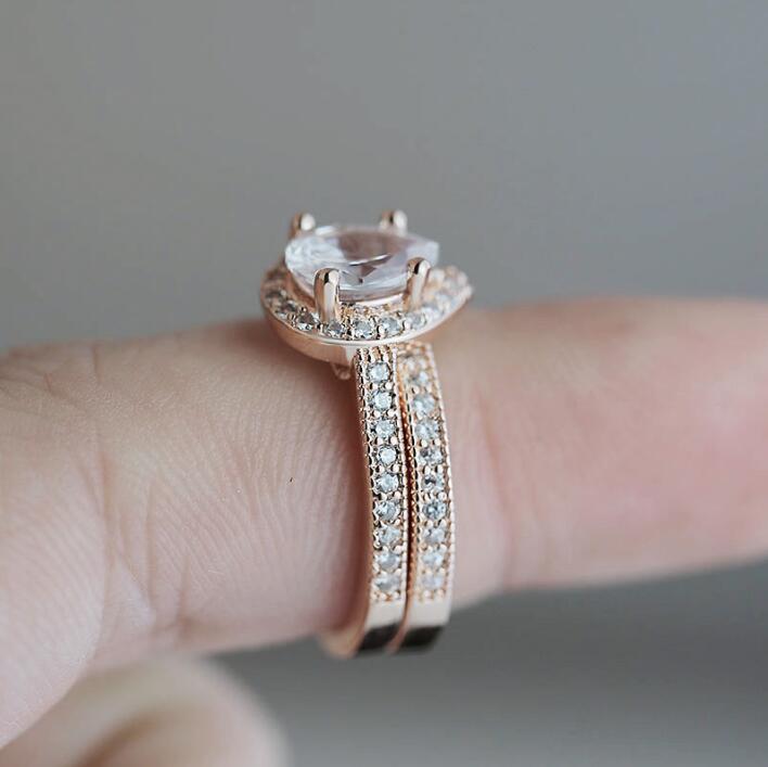 Sterling Sier Rose Gold Plated Pear Cut White Topaz Bridal Ring Set for Women Free shipping