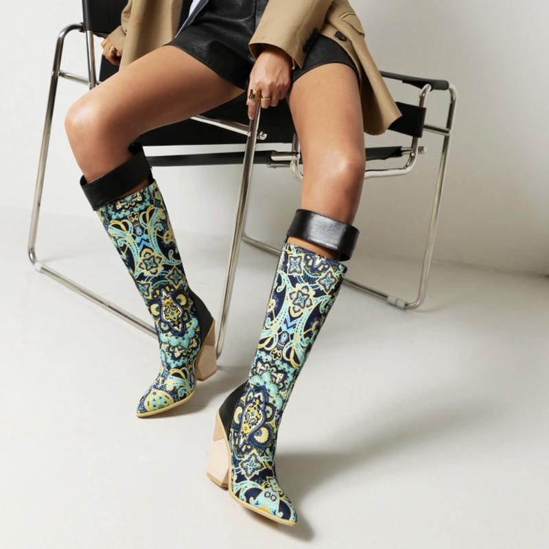 Boots Womens Pointy Toe Match Colors Knee The Thigh Chunky High Heel Belt Stitching PU Leather Western Shoes Plus Size 46 47 48