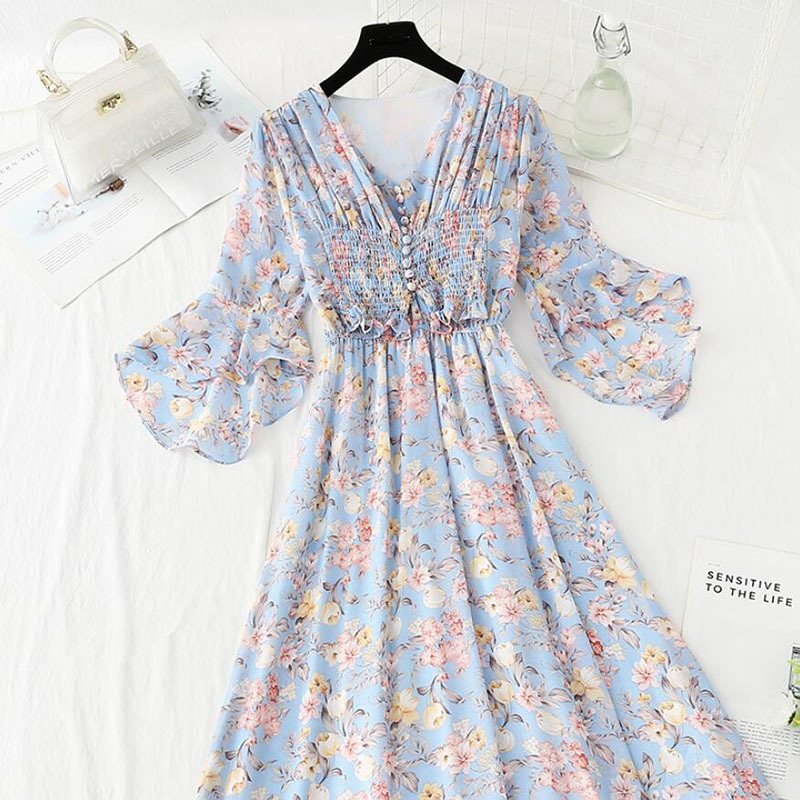 Women Summer Dress Fashion Floral High Waist Sweet Chiffon Long Dress Korean Style V-neck Flare sleeves Beach Dress 210521