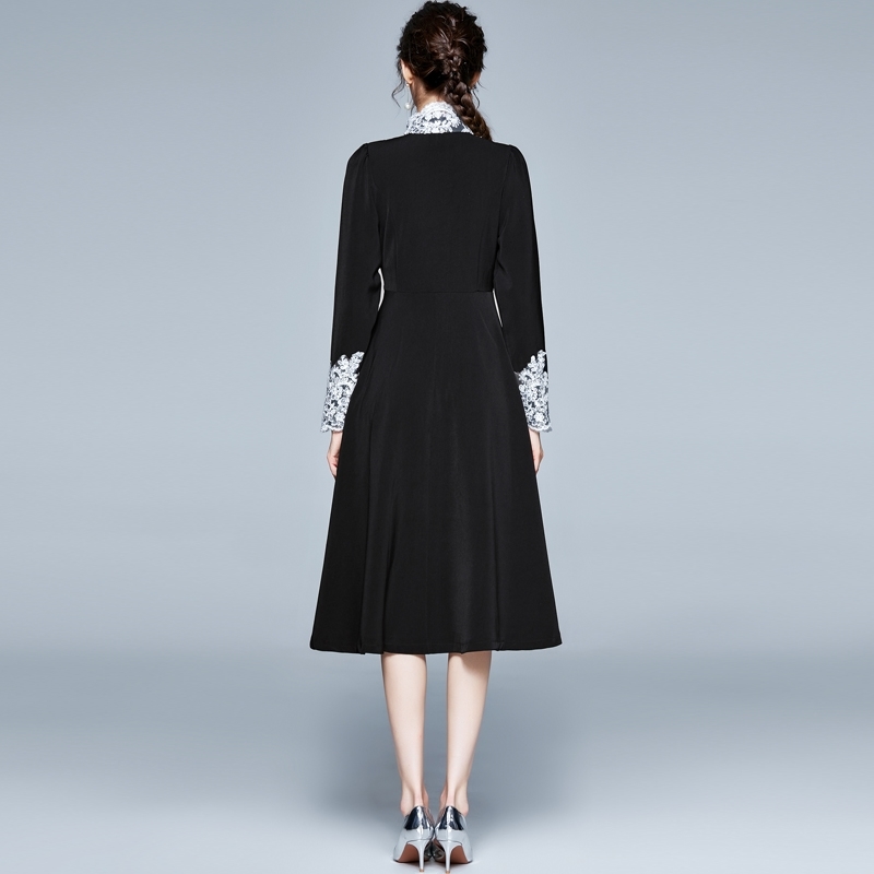 Fashion Runway Long Dresses Women's Full Sleeve Lace Patchwork Vintage Elegant Black Party Vestido Da Festa 210520