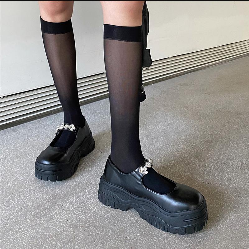 Dress Shoes RIBETRINI INS Ladies Black Buckle Platform Round Toe Mary Janes Pumps Rhinestone Bling Luxury Sweet Design Woman