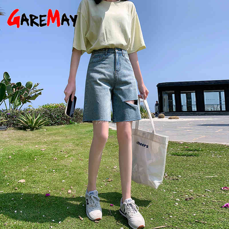 Women's Breeches Shorts Female Denim High Waist Ripped Knee Length Long Loose Vintage Summer 210428
