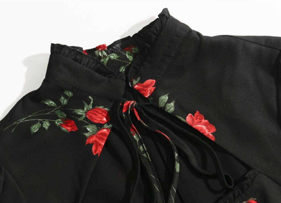 Vintage France Style Rose Print Hollow Out Women Dress Black Long sleeve Lacing up Collar Slim Girl's Mini Dresses 210429