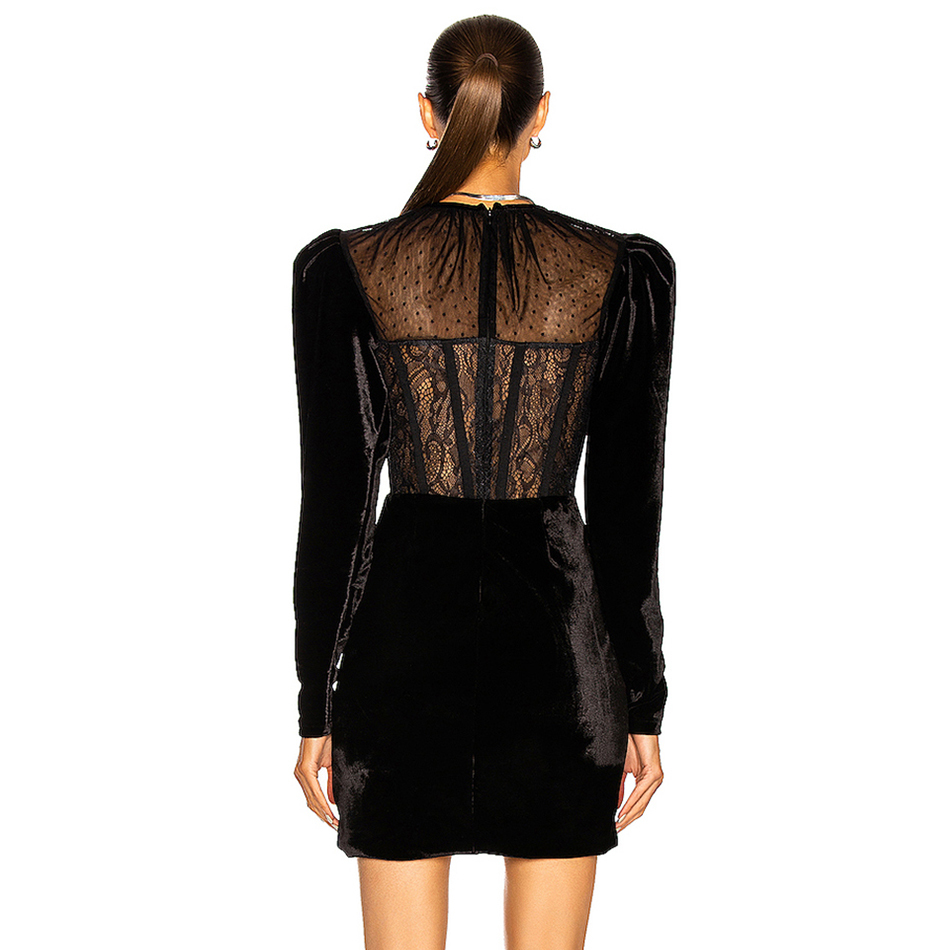 Summer Women Elegant Black Lace Mini Dress Sexy Lady Long Sleeve Velvet Club Celebrity Evening Runway Party 210423