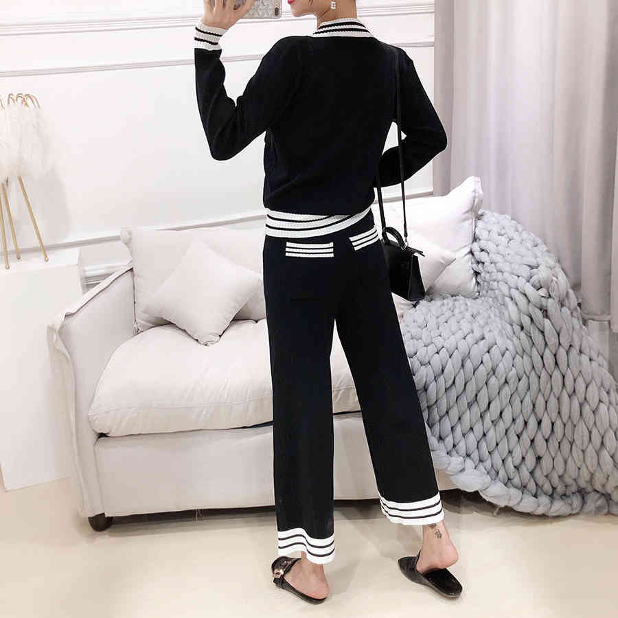 Autumn Fashion Knitting Female Sweater Pants For Women Two Piece Set Knitted Pullover V-neck Long SleeveTop Wide Leg 210506