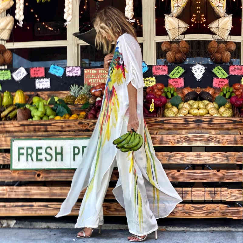 Boho Parrot Printed Bikini Cover-ups White Chiffon Tunic Plus Size Long Kimono Women Beach Wear Swim Suit Cover Up A875 210420