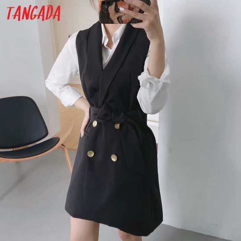 Tangada woman black long vest coat with slash office ladies waistcoat sleeveless blazer double breasted elegant top 3Z38 210910