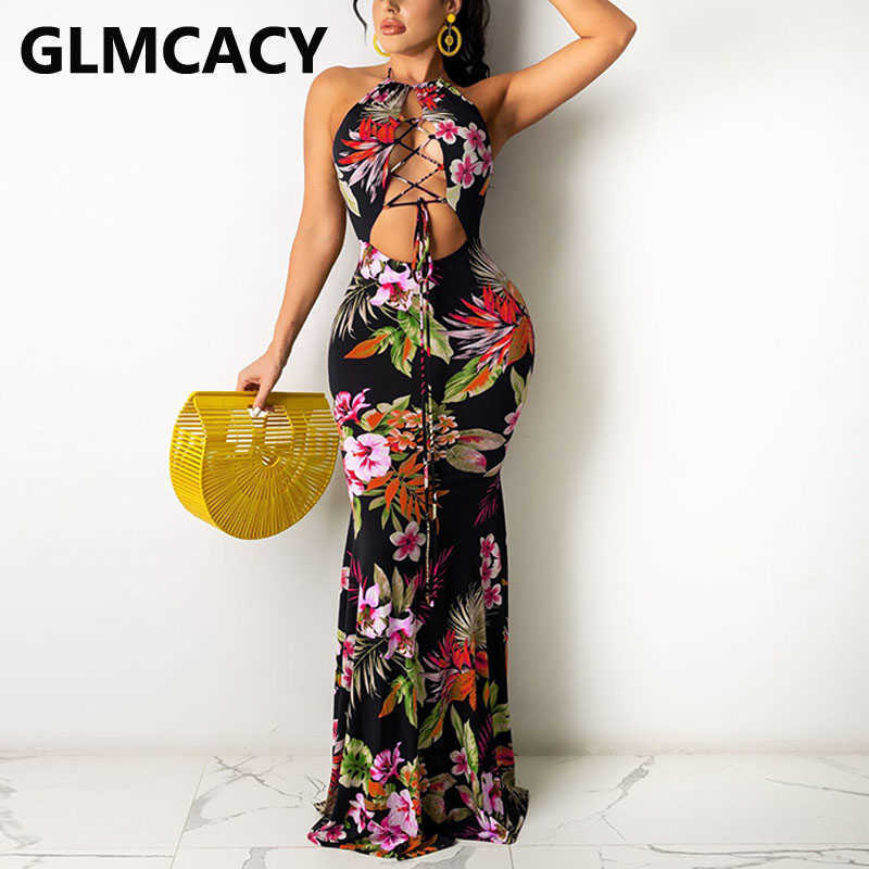 Women Halter Floral Printed Backless Sexy & Club Maxi Dress 210702