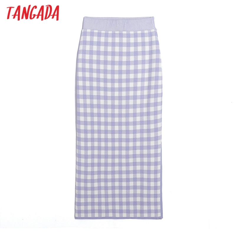 Women Plaid Print Sweater Midi Skirt Faldas Mujer Vintage Office Ladies Elegant Chic Mid Calf Skirts 6H10 210416