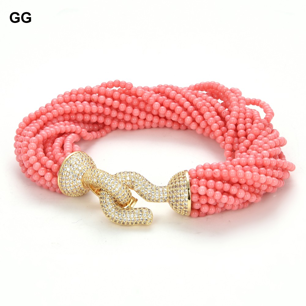 20 Rows Pink Coral Smooth Round Beads Bracelet Gold Color Plated CZ Pave Clasp 8.5'' For Women, Black
20 Rows Pink Coral Smooth Round Beads Bracelet Gold Color Plated CZ Pave Clasp 8.5'' For Women, Black