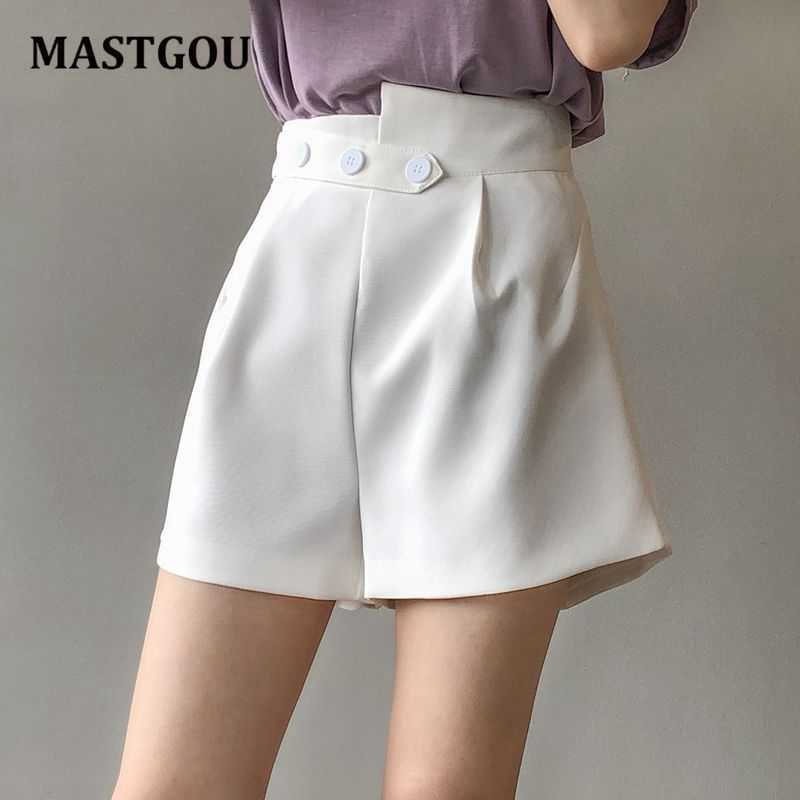 MASTGOU Iregular Shorts Women's White Short Black Wide Leg Zipper Waist Vintage High Summer Trousers 210714