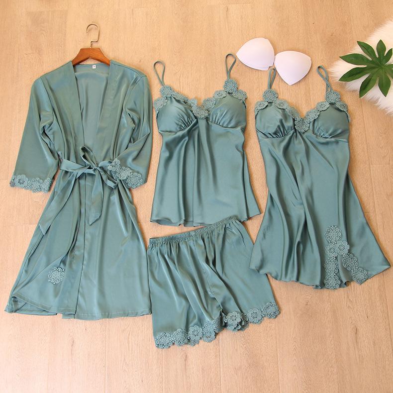 Leisure Female Nightwear Lace Kimono Bathrobe Gown 4PCS Sleepwear Strap Top Robe With Belt Spring Faux Silk Nightdress Women's