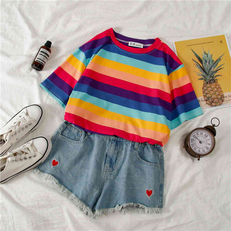 HWLZLTZHT Summer Rainbow Female Tshirt Striped Women's ShortSleeved Loose Shirt Women Cotton TShirt 210406