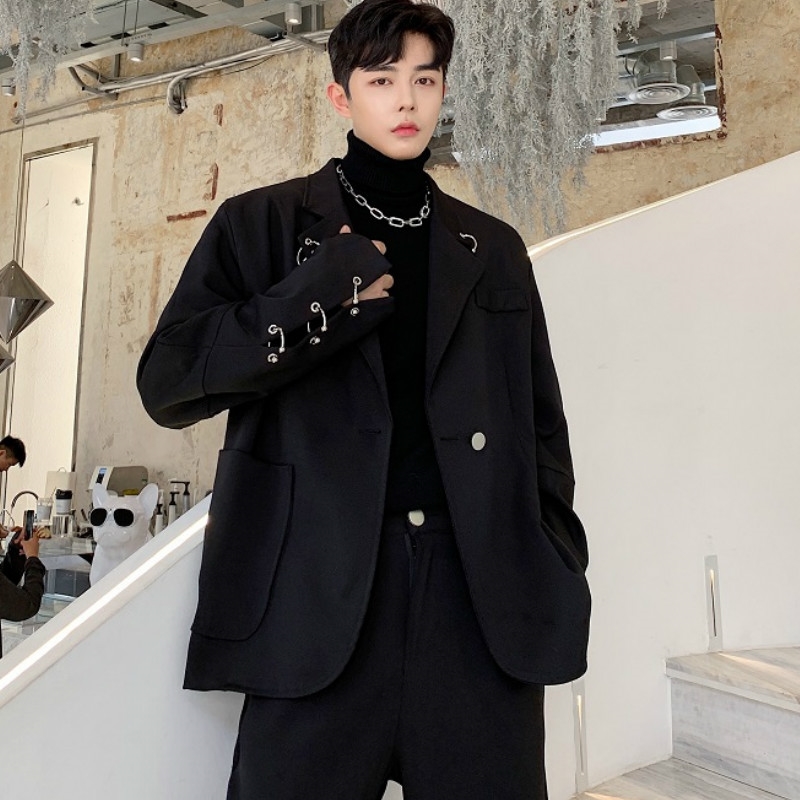 Autumn Winter Mens Blazer Jacket Retro Men's Black Blazer Suit Jackets Iron Ring Accessories Coat Club DJ Stage Clothes Costume 210527