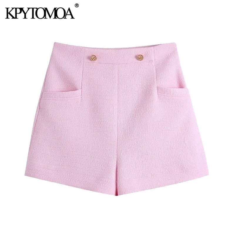 KPYTOMOA Women Fashion With Metal Buttons Tweed Bermuda Shorts Vintage High Waist Back Zipper Female Short Pants Mujer 210408