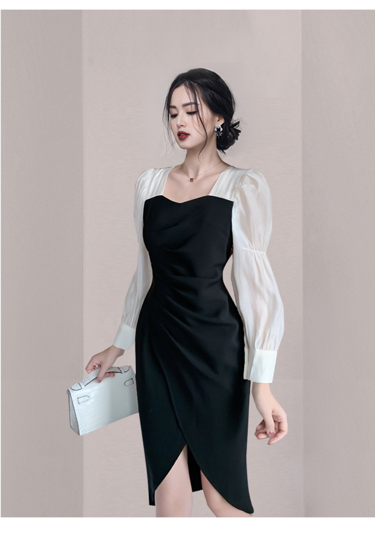 Spring Fashion Women Elegant Square Collar Formal Dress Puff Sleeve Office OL Party Pencil Vestidos 210519