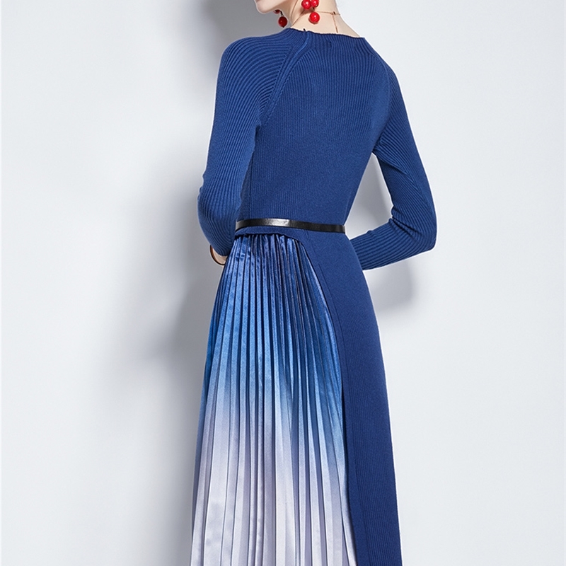 Elegant Knitted Patchwork Gradient Pleated Dress Women Long Sleeve Sweater Office Midi Vestidos With Belt 210520