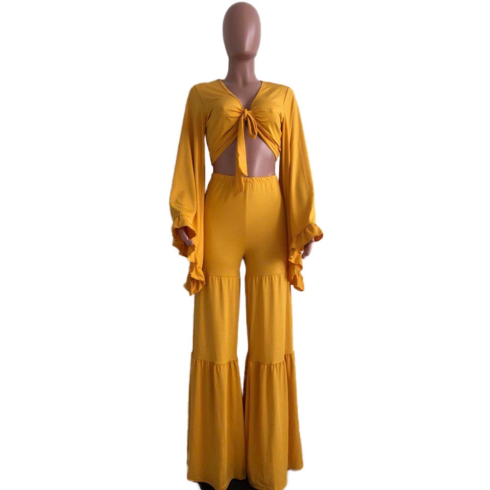 Sets Womens Outfits Summer Crop Tops & Flare Pants Yellow High Waist Floor Length Fashion Sexy Evening Night Club Wear 210510