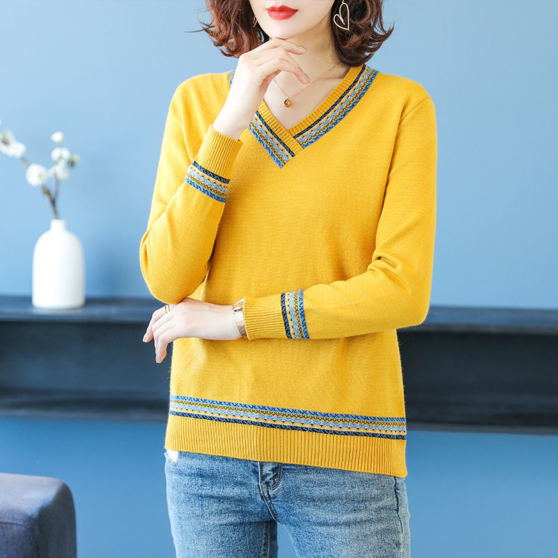 Stripes Patchwork V-Neck Sweaters For Women Elegant Loose Knitwear Tops Femme Casual Long Sleeve Large Size Knitted Pullovers 210522