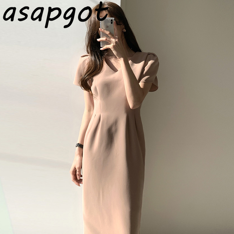Dresses Elegant Temperament Koeran Chic Office Lady Summer Plus Size Puff Short Sleeve Khaki Dress Slim V Neck Waist Black 210429
