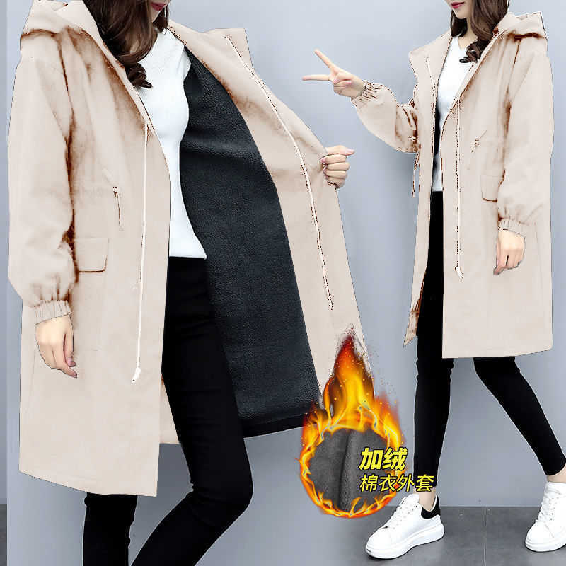 Trench Coats Women Autumn Winter Hooded Drawstring Pocket Zipper Long Outwear Plus Size Elegant Ladies Thicken Windbreaker 210526