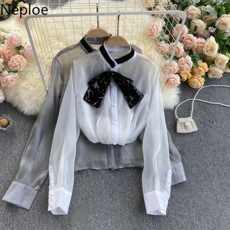 Neploe Spring Elegant Women Blouses Chic Sequined Bow Tie Shirt See Through Office Lady Tops Blusas Mujer Korean Fashion Clothes 210422