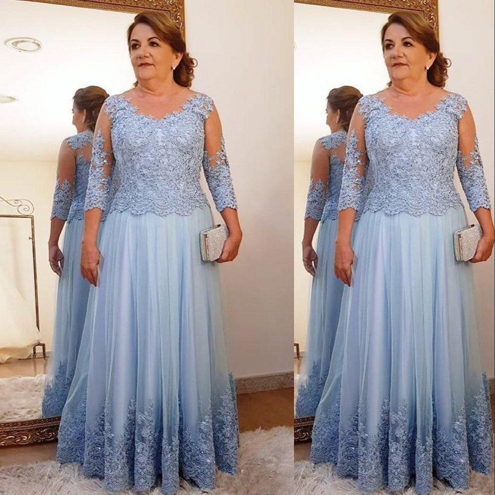 2021 Plus Size Light Sky Blue Mother off bride dresses Lace Appliques Beaded 3/4 Long Sleeves Floor Length Women Formal Mothers Gowns
2021 Plus Size Light Sky Blue Mother off bride dresses Lace Appliques Beaded 3/4 Long Sleeves Floor Length Women Formal Mothers Gowns