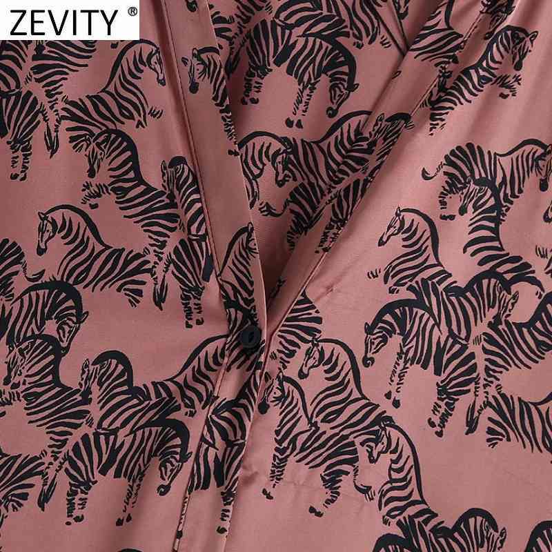 Zevity Women Vintage V Neck Animal Print PU Sashes Satin Shirt Dress Chic Female Retro Single Breasted Midi Vestido DS4968 210409