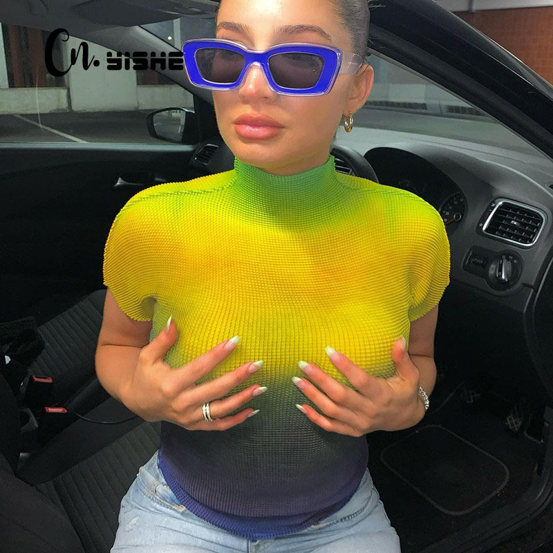 CNYISHE Regular Short Sleeve Gradient T Shirt Women Summer Tops Tees Casual High Neck Streetwear T-shirts Fenale Basic Shirts 210419