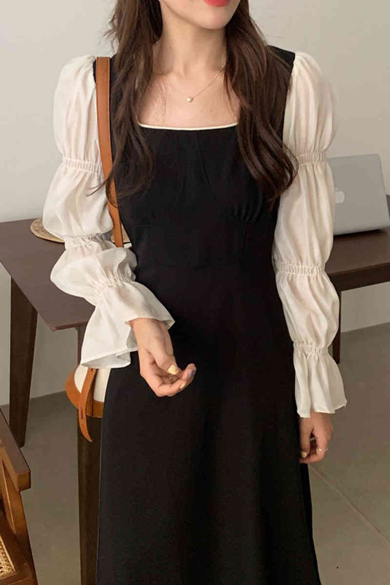 Autumn Women Vintage Dress Puff Sleeve Patch High Waist Slim Elegant Hit Color Maxi Korean Fashion Clothes 210519