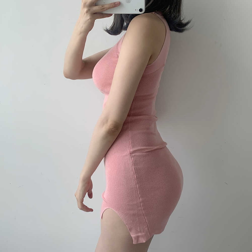 WOMENGAGA Round Neck Slim Split Sweet Solid Sexy Knitting Elasticity Simple Sleeveless Vest Tops Tnak Dress TT3I 210603