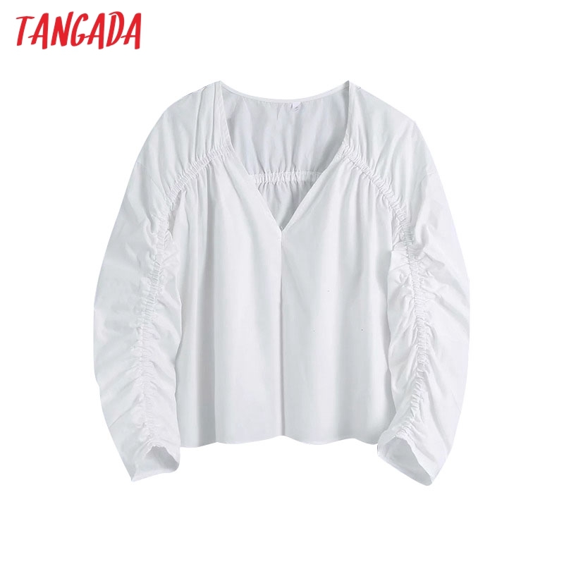 Women Fashion Pleated Crop White Blouses Vintage V Neck Three Quarter Sleeve Female Shirts Chic Tops BE518 210416