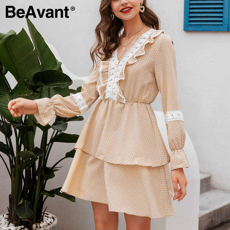 BeAvant Elegant vintage women work dress Fashion long sleeve solid dot lace mini dress Casual slim ladies holiday beach dress 210709