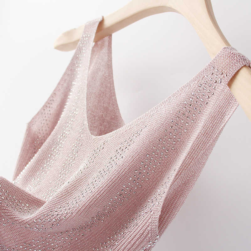 korean Bling Lurex diamond Summer knit Tank Top for Women Cami Sleeveless Knit vest White Black Women's loose Camisole tops 210607