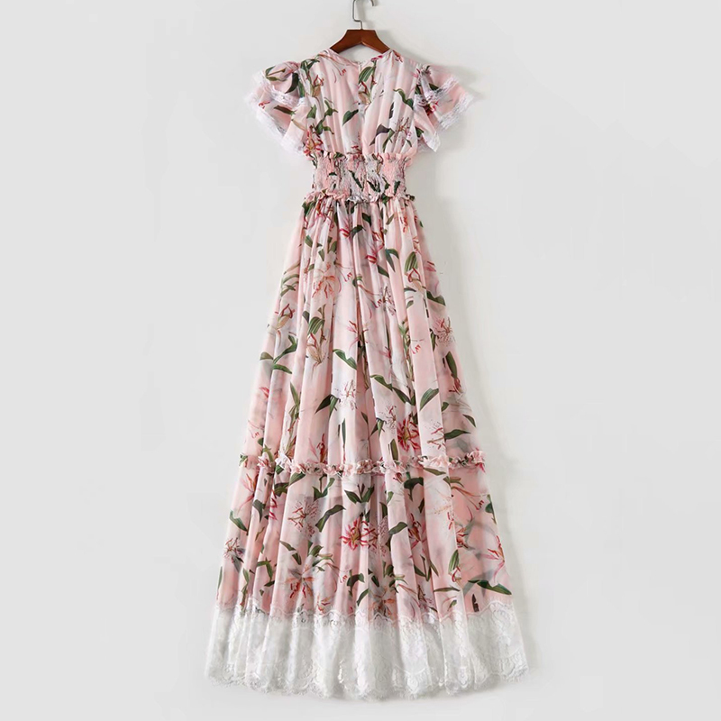 VGH Vintage Print Floral Dress For Women O Neck Short Sleeve High Waist Patchwork Lace Elegant Midi Dresses Female Fashion Style 210421