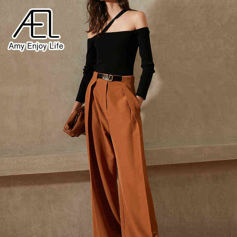 AEL Summer Women Wide Leg Loose Trousers Caramel High Waisted Pants Casual Streetwear Ladies Fashion Quality Clothing 211115