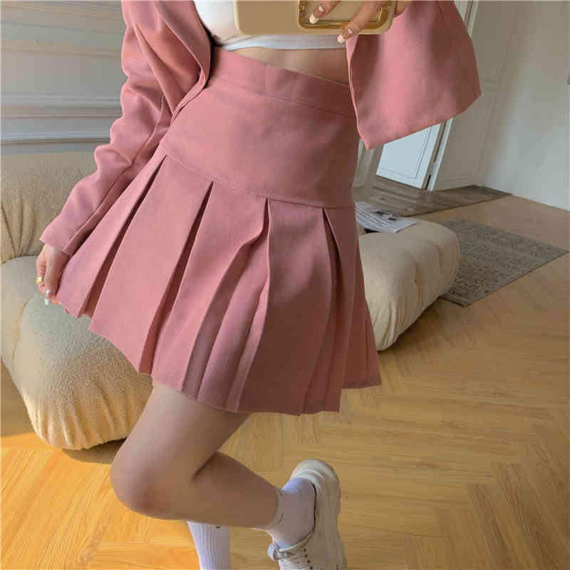 Spring Women Skirt Suits Elegant Pink Single Button Ladies Blazer Jacket & High Waist Mini Pleated Skirts Suit 210519