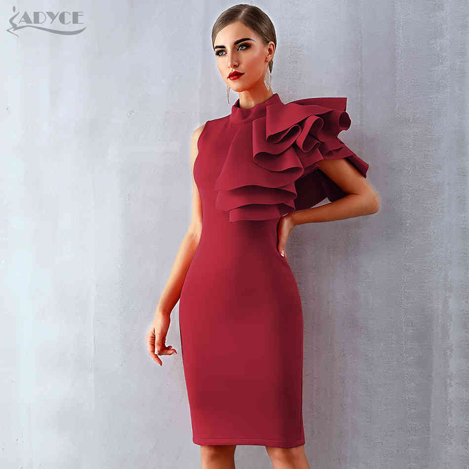 Summer Women Wine Red Celebrity Evening Runway Party Dress Sexy Sleeveless Ruffles Bodycon Midi Night Club 210423