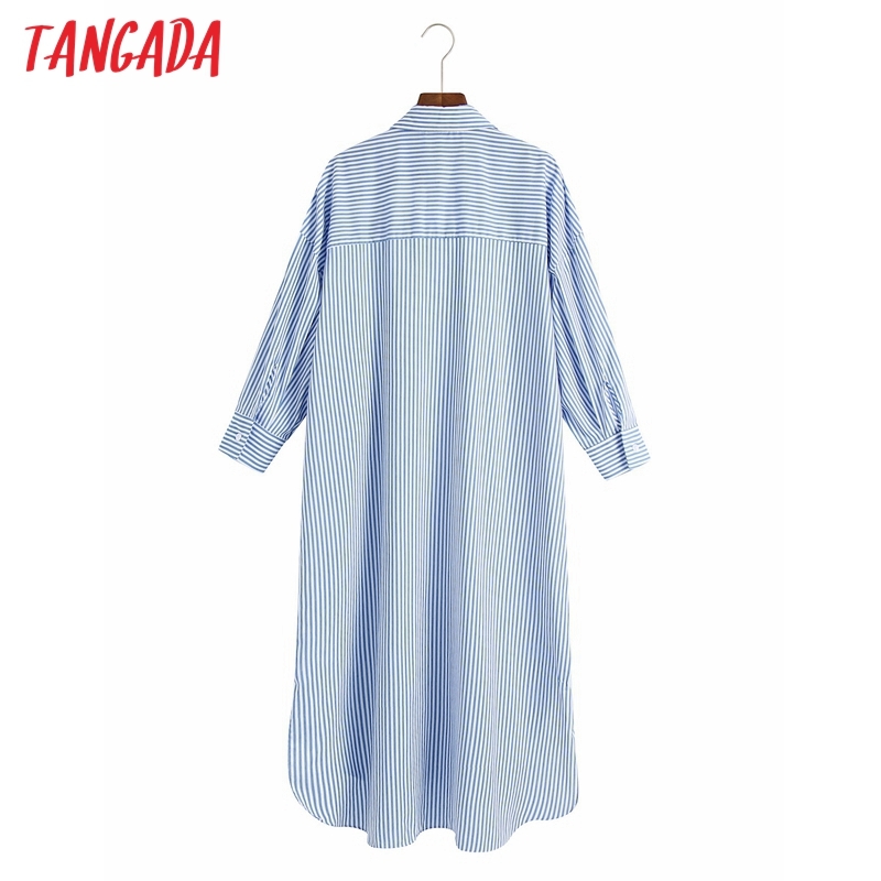 Women Blue Striped Shirts Long Sleeve Turn Down Collar Elegant Female Casual Wear Blouses 6Z71 210416
