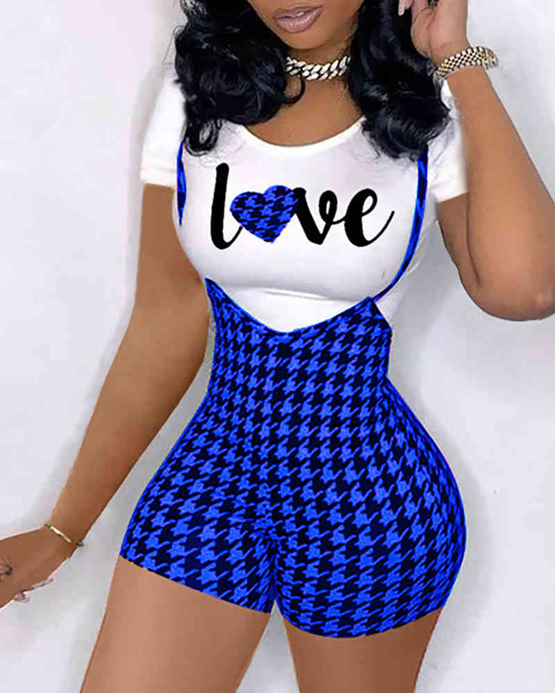 Spring Summer Women Plus Size Tee & Suspender Shorts Set New Female Letter Print Top & Classic Houndstooth Bottoms Set 210415