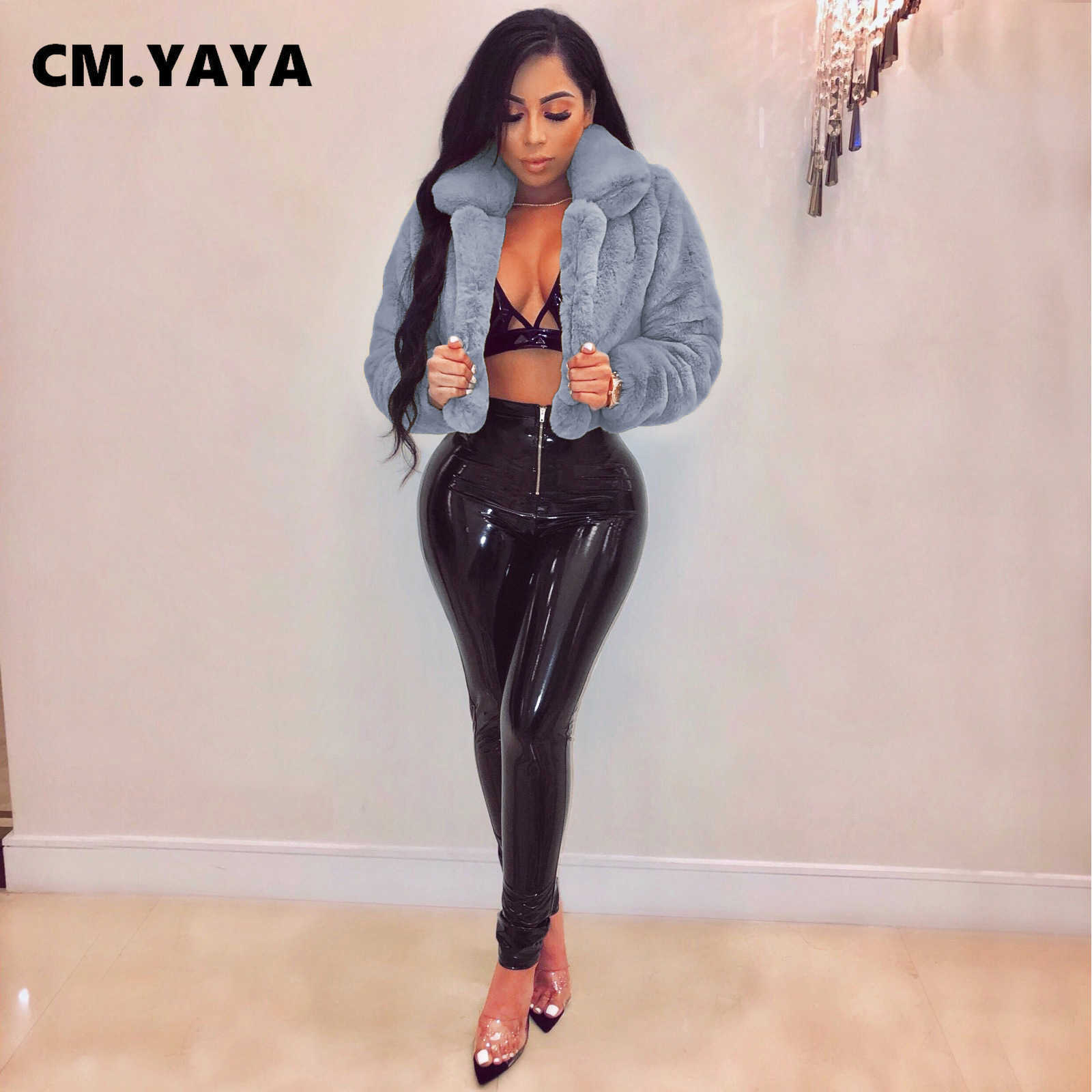 CM.YAYA Winter Women Faux Fur Solid Jackets Streetwear Fashion Long Sleeve Open Stitch Slim Coats 211019