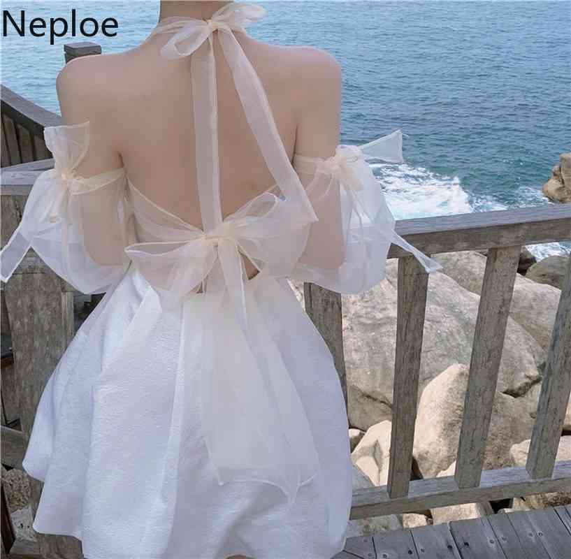 Neploe Party Dress Women Sweet Chic Princess Dresses Lace Up Halter Backless Vestidos Mujer Sexy Lady Summer Sweet White Robe 210422