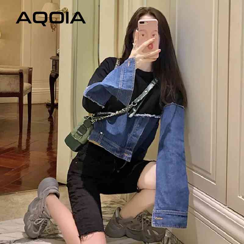 Autumn Streetwear Female Pullover Denim Patchwork Irregular Women's Sweatshirts Hoodies Sexy Long Sleeve Short Waman Sweatshirt 210521