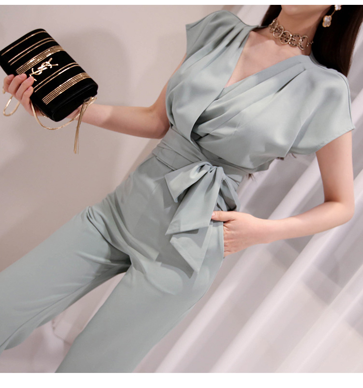 Business Women pant suits Summer Office Ladies Sexy V Neck Lace UP short Blouse Tops + High Waist OL Long Pants Set 210518