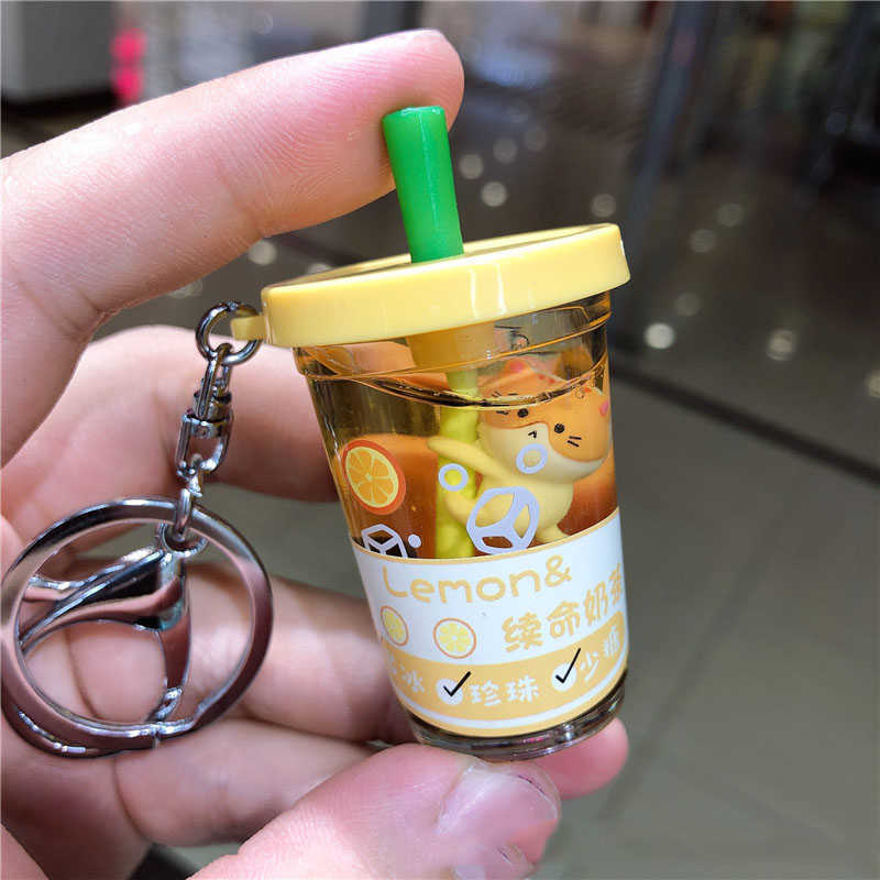 Creative Pearl Straw Milk Tea Cat Life Extension Keychain Cartoon Floating Kitty Liquid Key Chain Women Bag Pendant Keyfob Gifts G1019