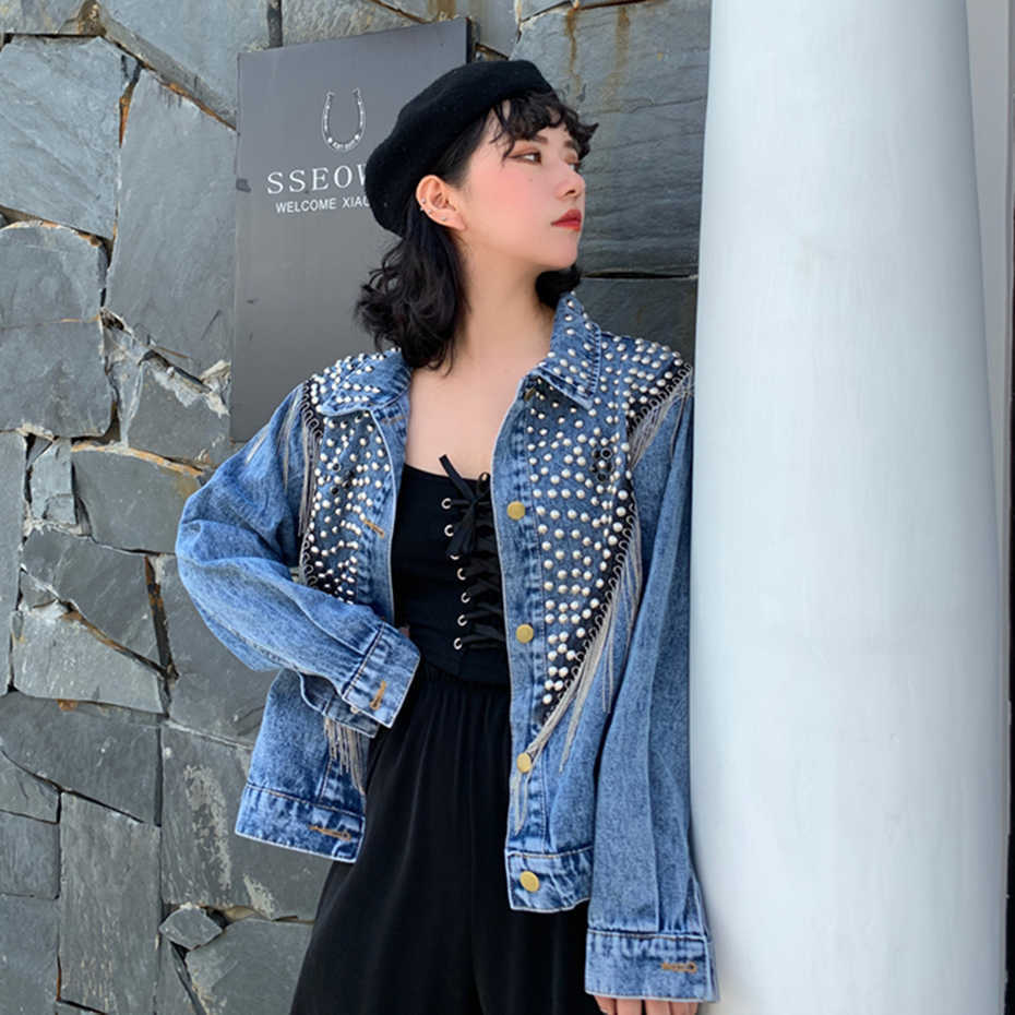 Short Heavy Industry Denim Jacket Female Autumn Winter Loose Beaded Diamond Tassel Jeans Coat Women Plus Size Outwear 210601
