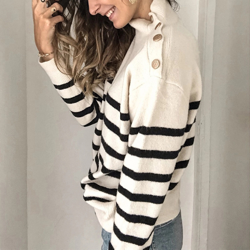 New Autumn Winter Turtleneck Knitted Sweater Women Casual Rivets Striped Pullovers Sweater Female Office Lady 210415