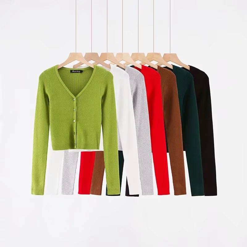 European slim thin short V-neck long-sleeved wool knitted cardigan women spring autumn stretch single-breasted top sweater 76RJ 210603
