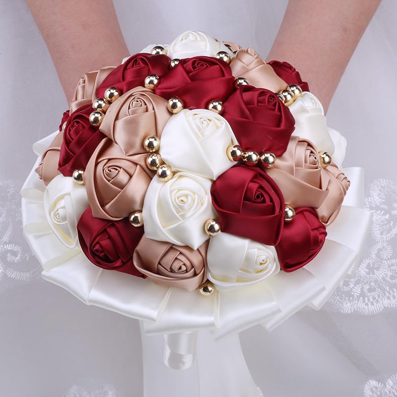 Golden Pearl Bride And Bbridesmaid Holding Bouquet Satin Rose Wedding Supplies W302 Decorative Flowers & Wreaths